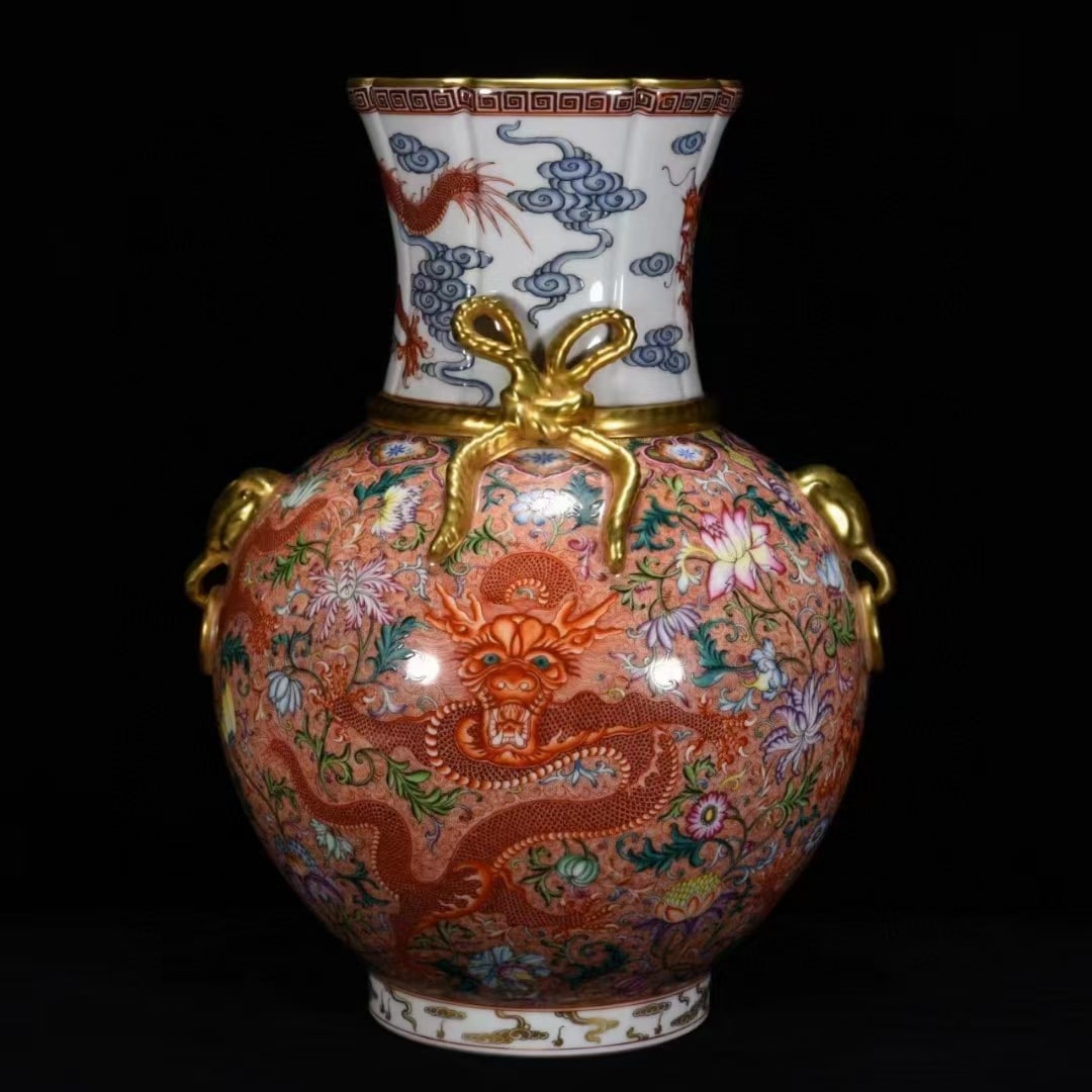 An Exquisite Enamel Gilded Dragon Pattern Elephant-Ears Vase: An Exquisite Enamel Gilded Dragon Pattern Elephant-Ears Vase,Qing Dynasty,China,with Qianlong Four-character Mark,Size:17.3inx14.2in,珐琅彩鎏金龙纹象