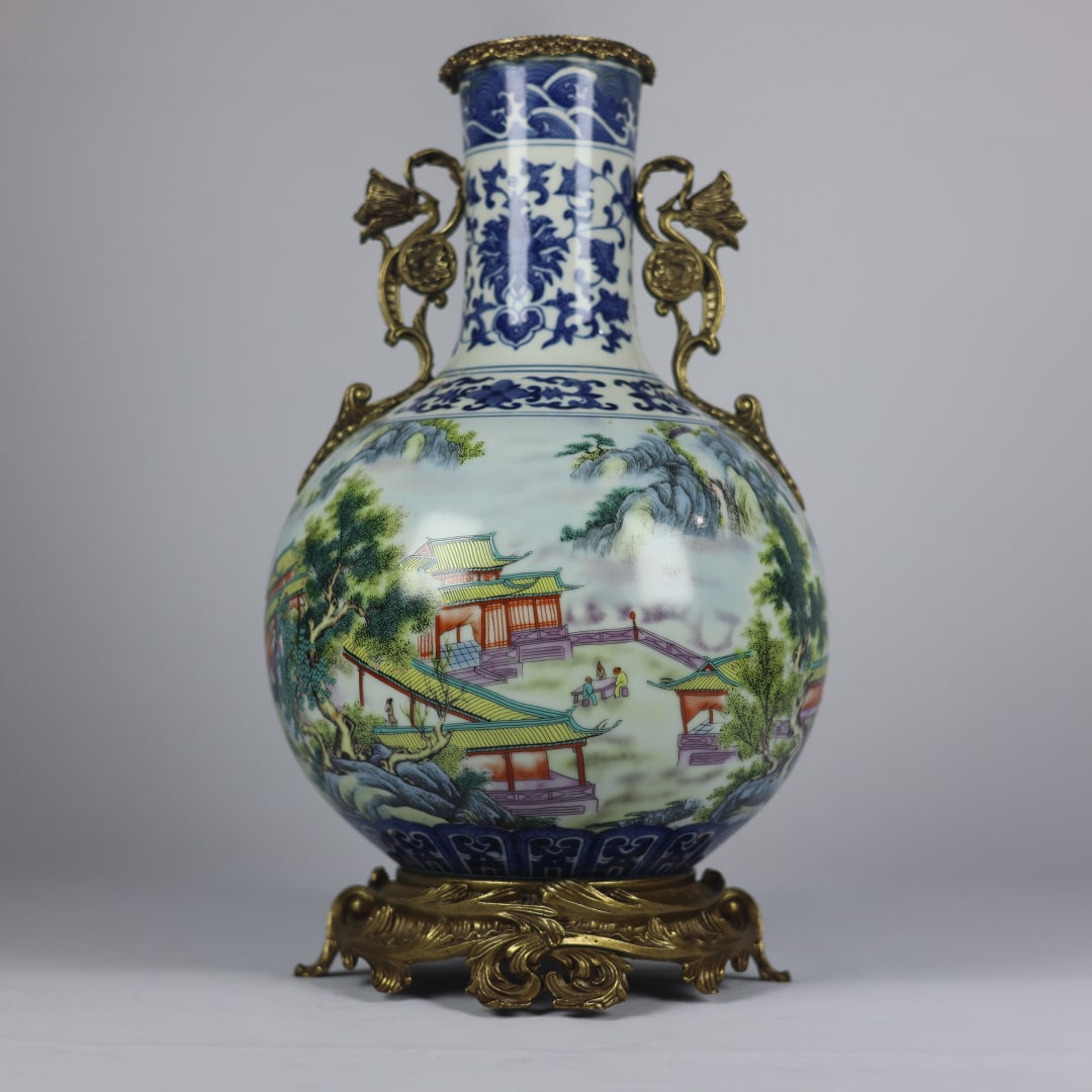 An Exquisite Famille-Rose Blue and White Inlaid Bronze Lotus Pattern Landscape and Figure Pattern: An Exquisite Famille-Rose Blue and White Inlaid Bronze Lotus Pattern Landscape and Figure Pattern Double-Ears Vase , with poemQing Dynasty,China,Qianlong Six-character Mark,粉彩青