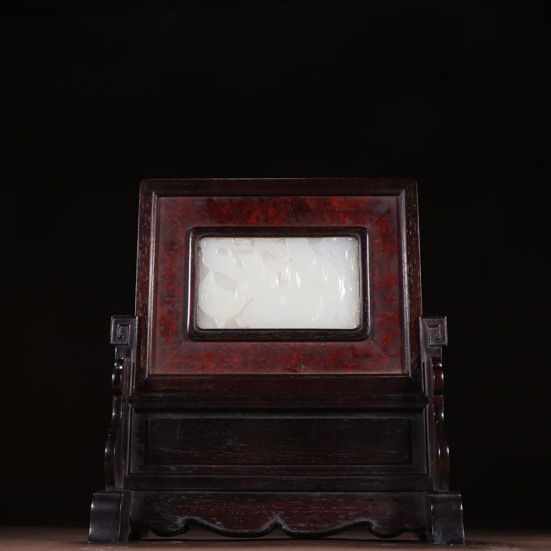An Exquisite Redwood Inlaid White Jade Character and Story Pattern Table Screen (1 of 9)