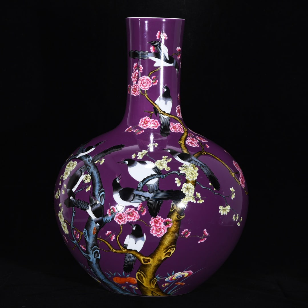 An Exquisite Famille-Rose Purple Glazed Flower and Bird Pattern Vase: An Exquisite Famille-Rose Purple Glazed Flower and Bird Pattern Vase,Qing Dynasty,China,with Yongzheng Six-character Mark,Size:21.3inx15.4in,粉彩紫釉花鸟纹