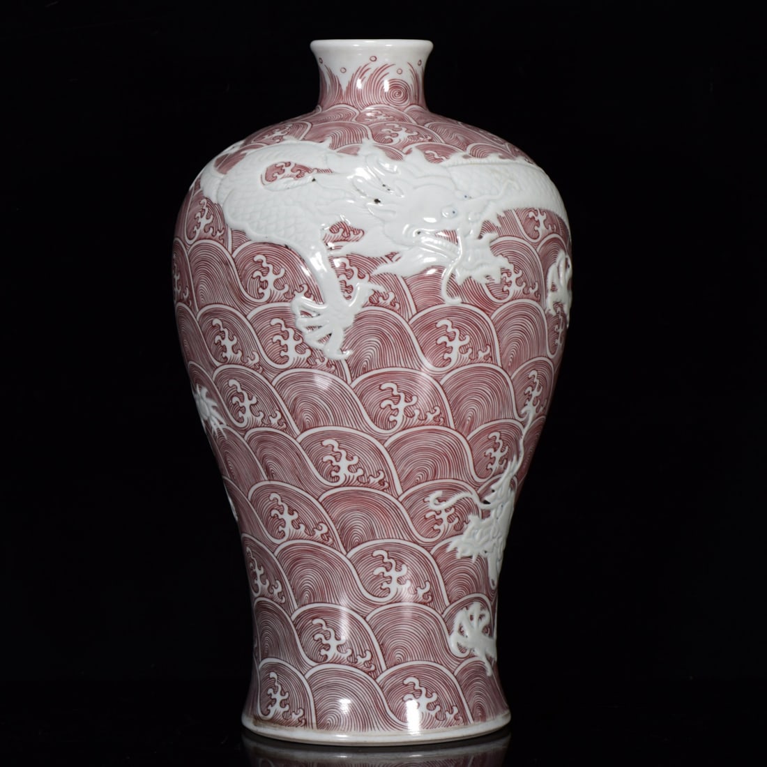 An Exquisite Underglaze-Red Seawater Dragon Pattern Vase: An Exquisite Underglaze-Red Seawater Dragon Pattern Vase,Qing Dynasty,China,with Kangxi Six-character Mark,Size:13inx7.1in,釉里红海水龙纹瓶,中