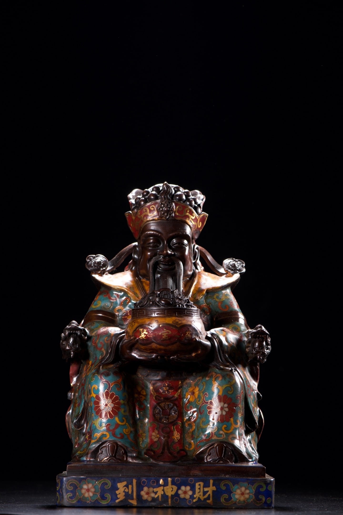 An Exquisite Cloisonne Lotus Pattern Statue of Mammon: An Exquisite Cloisonne Lotus Pattern Statue of Mammon,Qing Dynasty,China,with Qianlong Six-character Mark,Size:12.2inx7.5inx6.3in,Weight:4285g,景泰蓝缠枝莲纹&