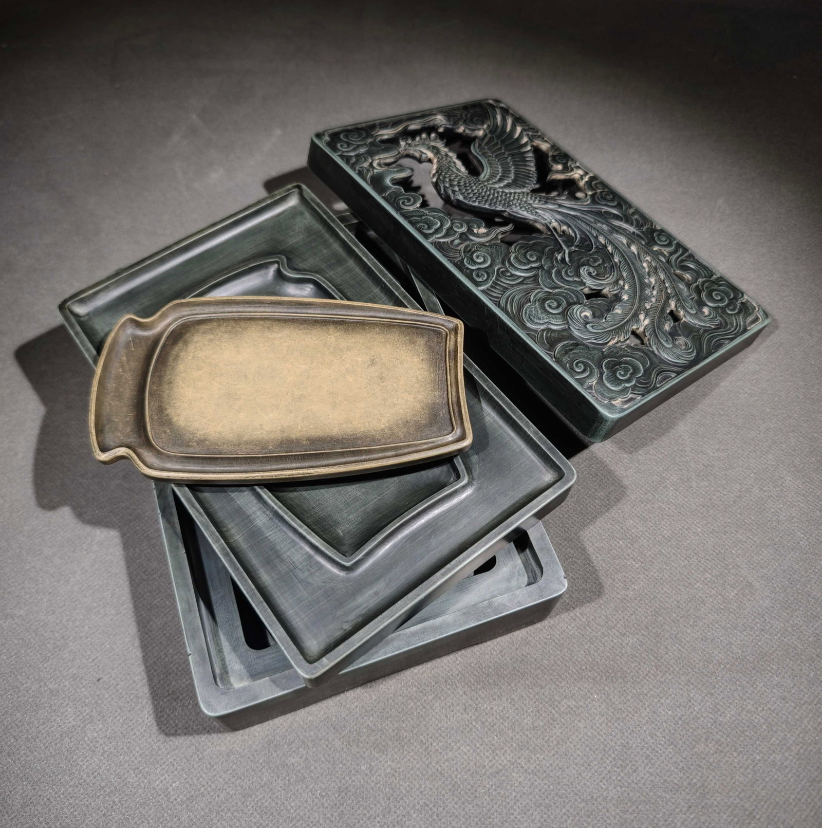 An Exquisite Auspicious Cloud Phoenix Pattern Inkstone,with poem