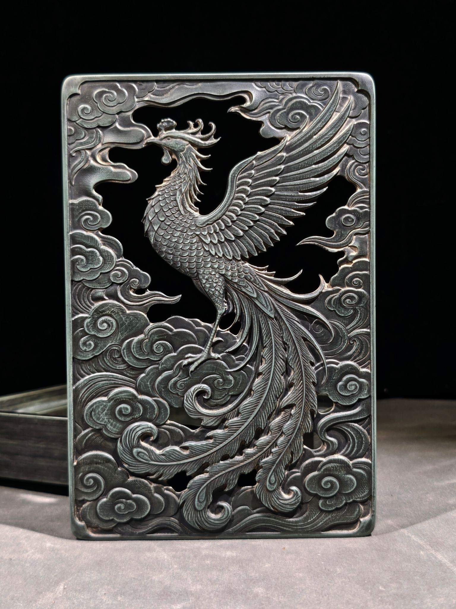An Exquisite Auspicious Cloud Phoenix Pattern Inkstone,with poem - 3