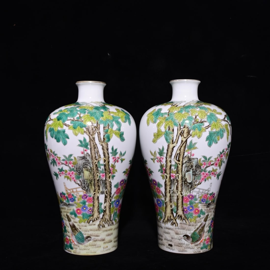 A Pair of Exquisite Famille-Rose Flower and Bird Pattern with poem Vases,: A Pair of Exquisite Famille-Rose Flower and Bird Pattern with poem Vases,Qing Dynasty, China,Yongzheng Four-character Mark,Size:9.8inx5.9in 一对粉彩花鸟纹