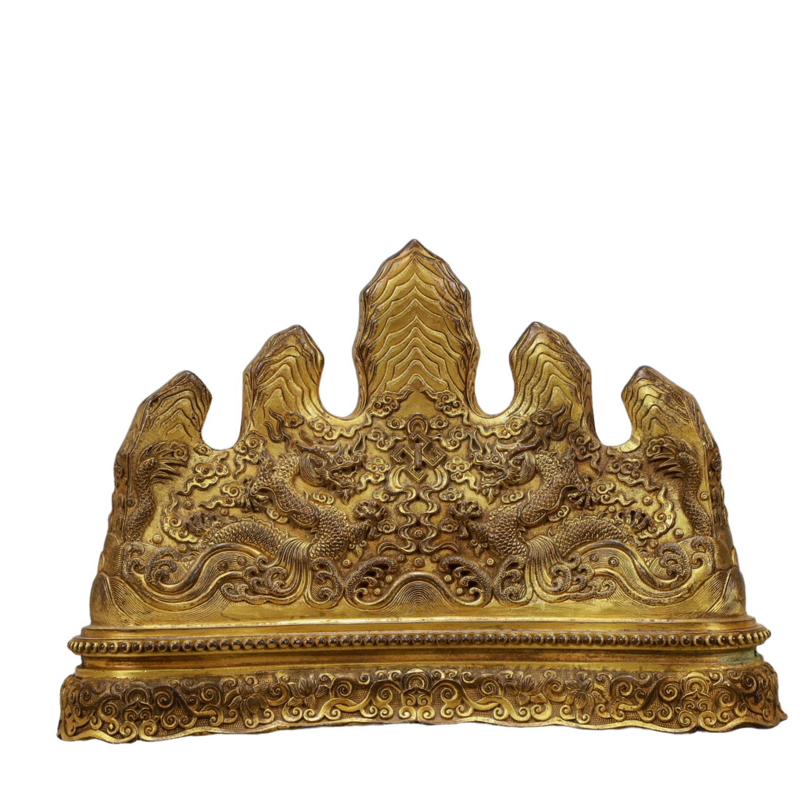 A Solemn Gilt Bronze Dragon Pattern Brush Holder: A Solemn Gilt Bronze Dragon Pattern Brush Holder,Qing Dynasty, China,Qianlong Four-character Mark,Size:8.7inx2.8inx5.9in,Weight:1550g,铜鎏金龙纹笔架,中&