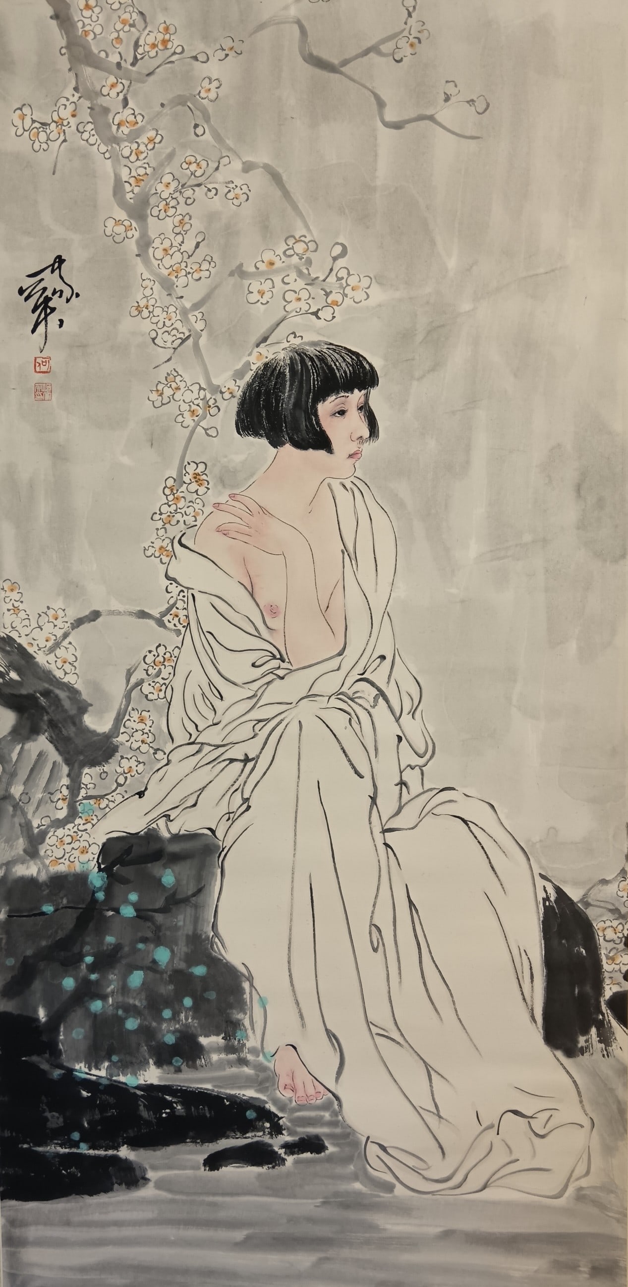 A Chinese Vertical Scroll Ink Painting of Character and Story on Paper: A Chinese Vertical Scroll Ink Painting of Character and Story on Paper,He jiaying,Size:(Without frame)26.4inx54.3in,一幅中国水墨人物故事