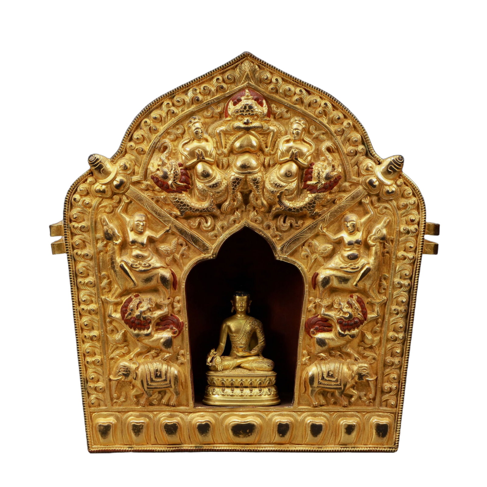A Solemn Gilt Bronze Statue of Sakyamuni Niche: A Solemn Gilt Bronze Statue of SakyamuniNiche,Ming Dynasty, China,Size:15inx3.5inx15.7inWeight:7350g 铜鎏金释迦牟尼像佛龛,中国&#