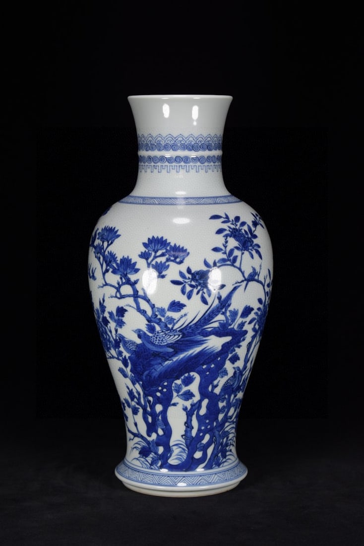 An Exquisite Blue and White Flower and Bird Pattern Vase: An Exquisite Blue and White Flower and Bird Pattern Vase,Qing Dynasty,China,with Kangxi Six-character Mark,Size:16.5inx8.7in,青花花鸟纹瓶,中国清&#