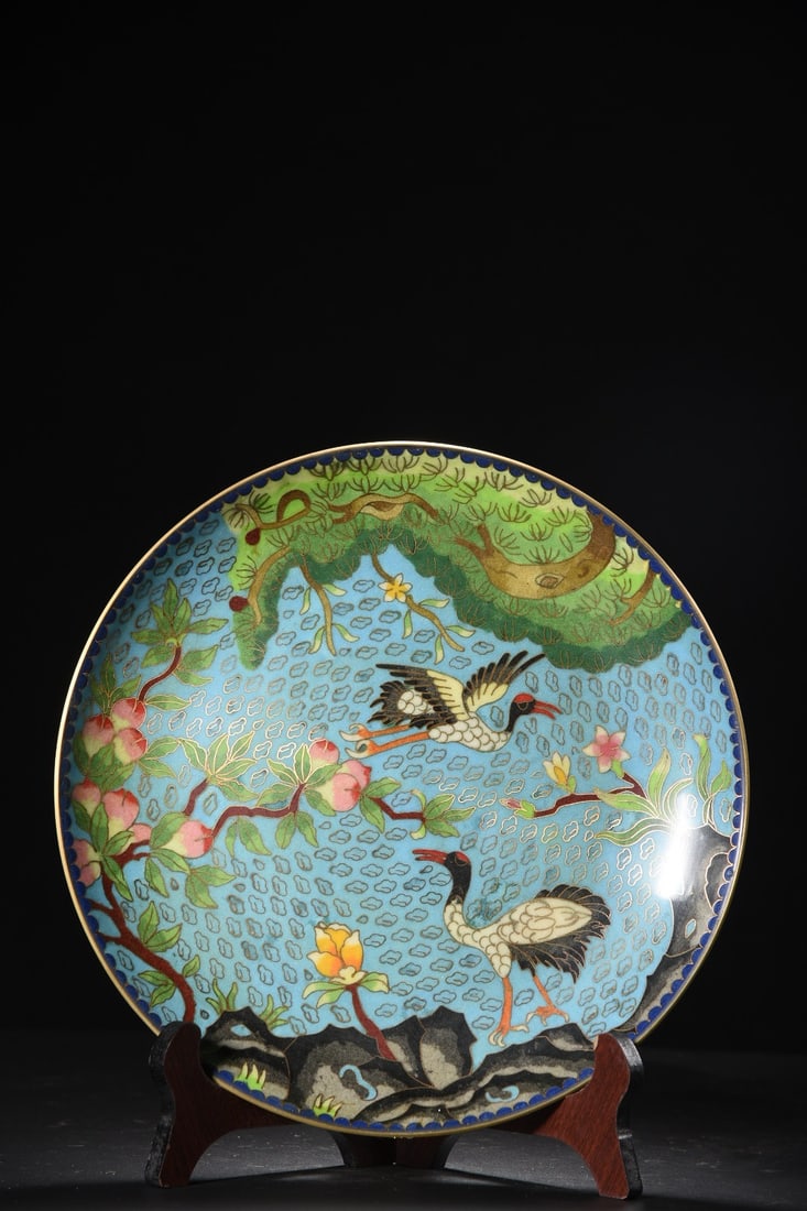 An Exquisite Cloisonne Pine and Crane Pattern Plate: An Exquisite Cloisonne Pine and Crane Pattern Plate,Qing Dynasty,China,Size:11inx1in,Weight:1305g,景泰蓝松鹤纹盘,中国清代