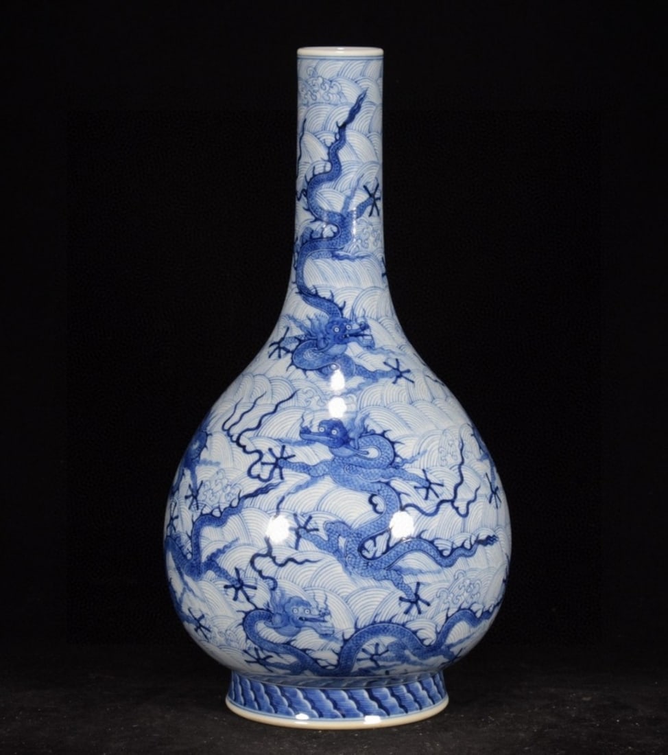 An Exquisite Blue and White Seawater Dragon Pattern Vase: An Exquisite Blue and White Seawater Dragon Pattern Vase,Qing Dynasty,China,with Yongzheng Six-character