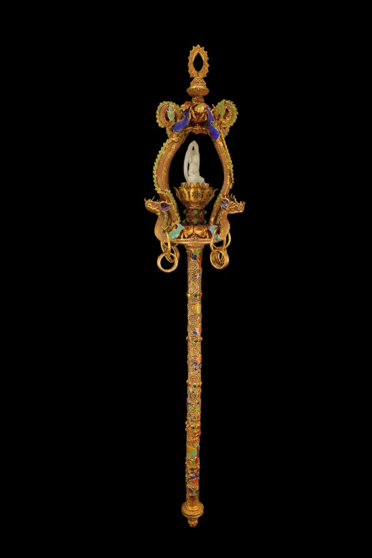 An Exquisite Filigree and Gilding Inlaid White Jade Buddhist Monk's Staff,Inlaid Gems: An Exquisite Filigree and Gilding Inlaid White Jade Buddhist Monk's Staff,Inlaid Gems,Qing