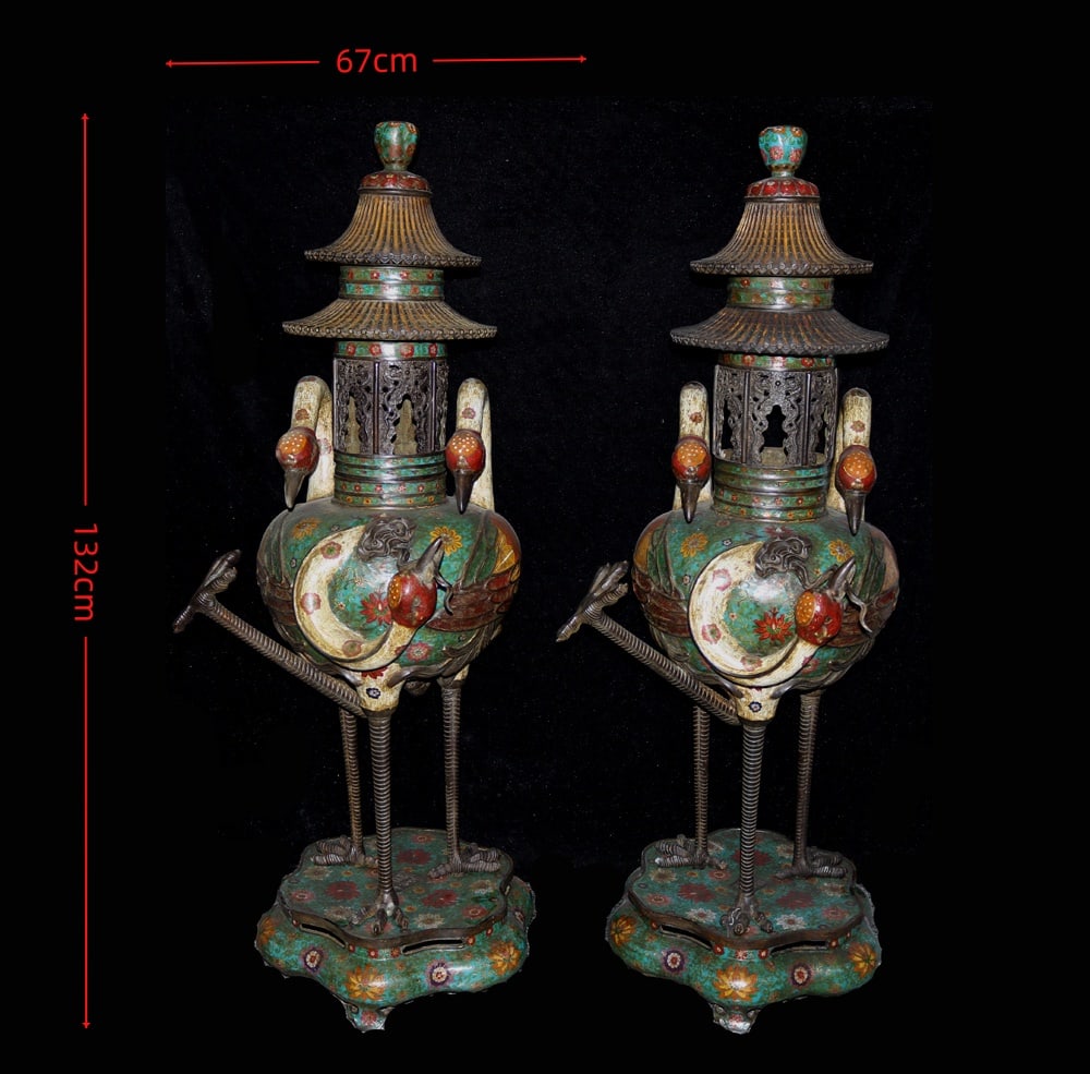 A Pair of Exquisite Cloisonne Crane Censers: A Pair of Exquisite Cloisonne Crane Censers,Qing Dynasty,China,with Qianlong Six-character Mark,Size:52inx26.4in*2,Weight:78500g,一对景泰蓝仙鹤香炉