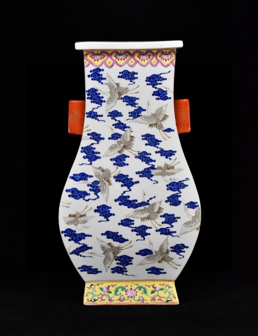 An Exquisite Blue and White Jiacai Auspicious Cloud and Crane Pattern Double-Ears Vase: An Exquisite Blue and White Jiacai Auspicious Cloud and Crane Pattern Double-Ears Vase,Qing Dynasty,China,with Qianlong Six-character Mark,Size:15.4inx8.7in,青花加彩祥