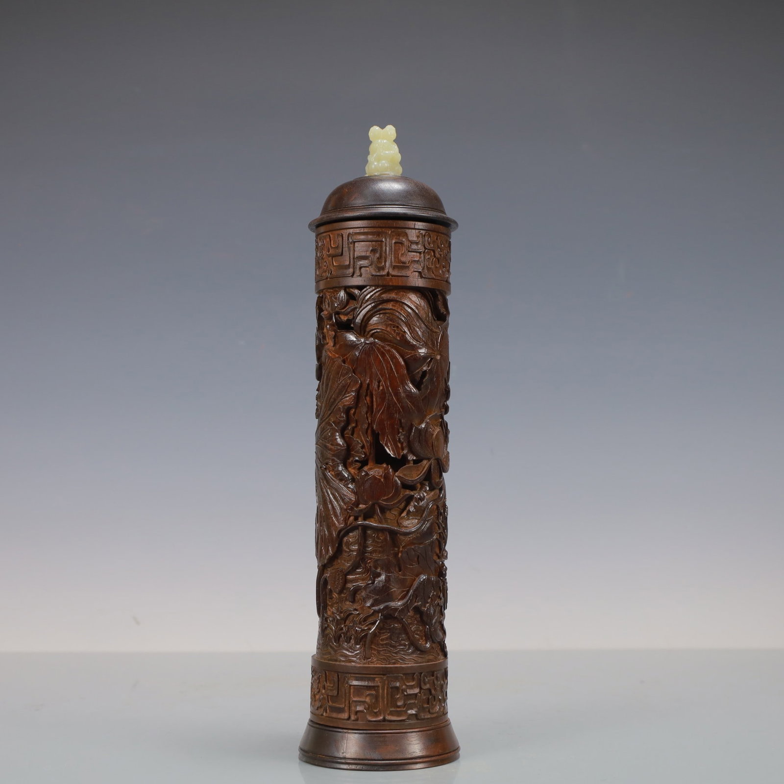 An Exquisite Zitanwood Inlaid White Jade Lotus Pattern with Cover Incense Tube: An Exquisite Zitanwood Inlaid White Jade Lotus Pattern with Cover Incense Tube,Qing