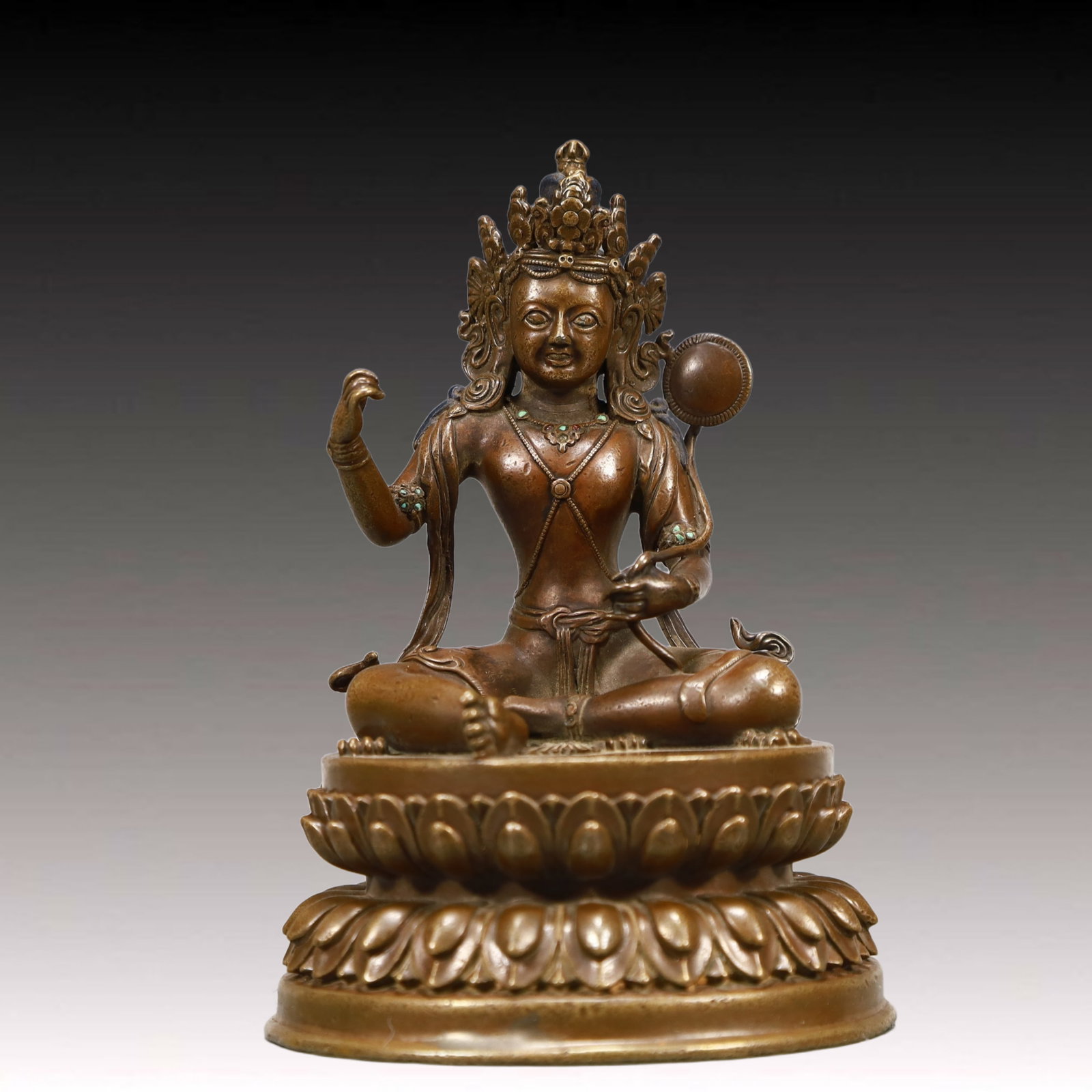 A Solemn Bronze Statue of Bodhisattva,Inlaid Turquoise: A Solemn Bronze Statue of Bodhisattva,Inlaid Turquoise,Qing
