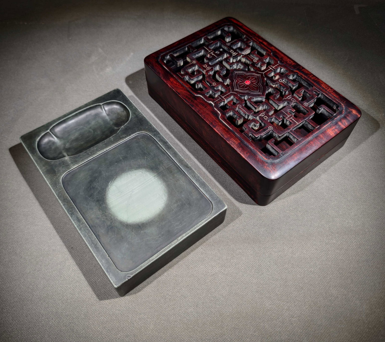 An Exquisite Poem Inkstone,with Wooden Box: An Exquisite Poem Inkstone,with Wooden Box,Qing Dynasty,China,With