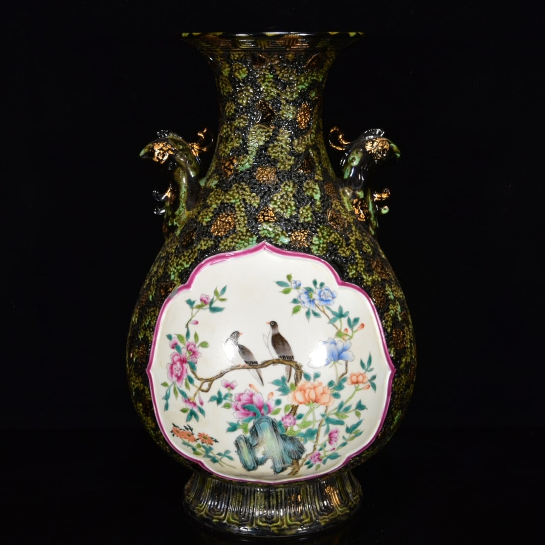 An Exquisite Ancient Bronze Glazed Famille-Rose Flower and Bird Pattern Double-Ears Vase: An Exquisite Ancient Bronze Glazed Famille-Rose Flower and Bird Pattern Double-Ears Vase,Qing Dynasty,China,with Qianlong Six-character