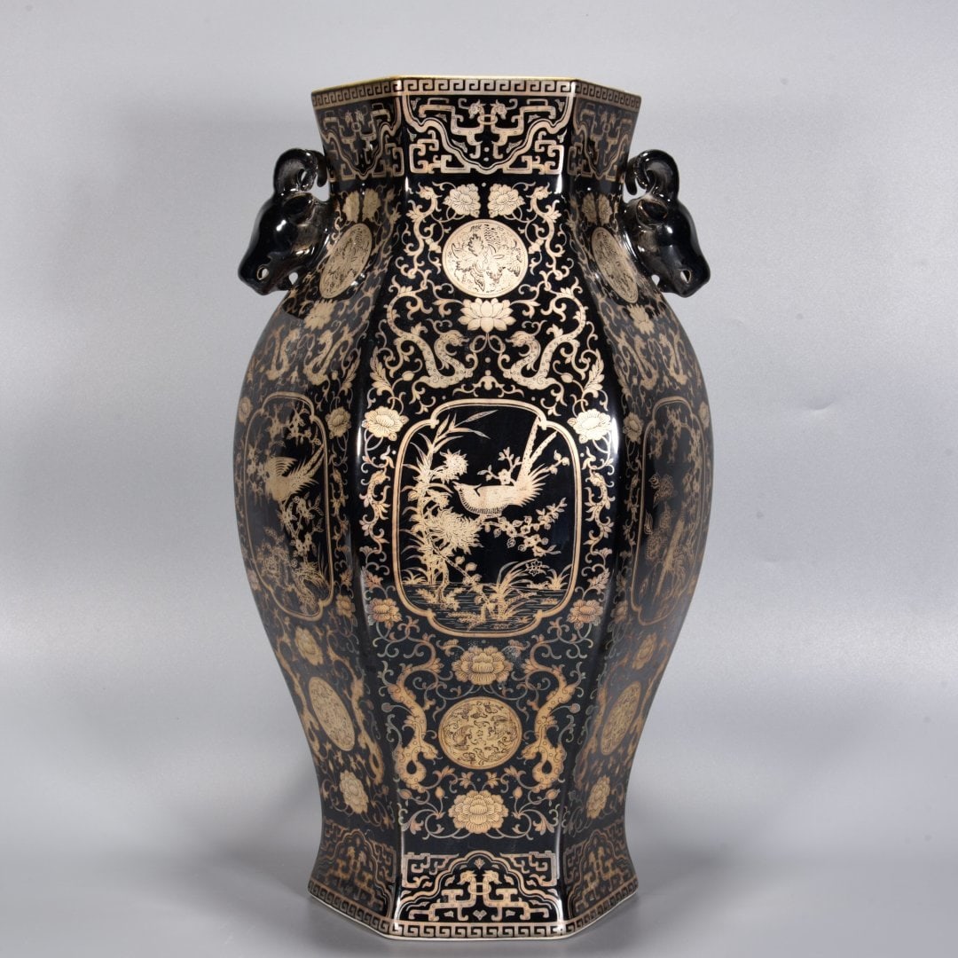 An Exquisite Black Gold Glaze Painted Silver Flower and Bird Pattern Sheep-Ears Vase: An Exquisite Black Gold Glaze Painted Silver Flower and Bird Pattern Sheep-Ears Vase,Qing Dynasty,China,with Qianlong Six-character Mark,Size:17.3inx9.8in,乌金釉描银Ŏ