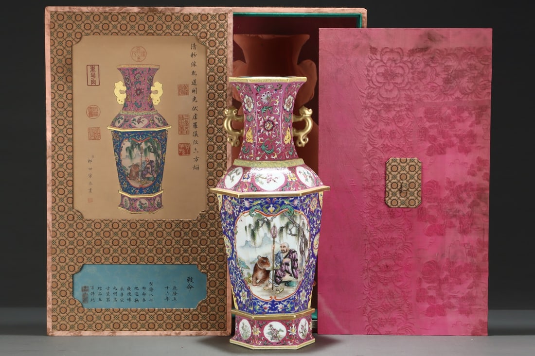 An Exquisite Famille-Rose Lotus Pattern Character and Story Pattern Double-Ears Vase: An Exquisite Famille-Rose Lotus Pattern Character and Story Pattern Double-Ears VaseQing Dynasty, China, Qianlong Four-character MarkSize:20.8inx9.3in,粉彩缠枝莲纹&