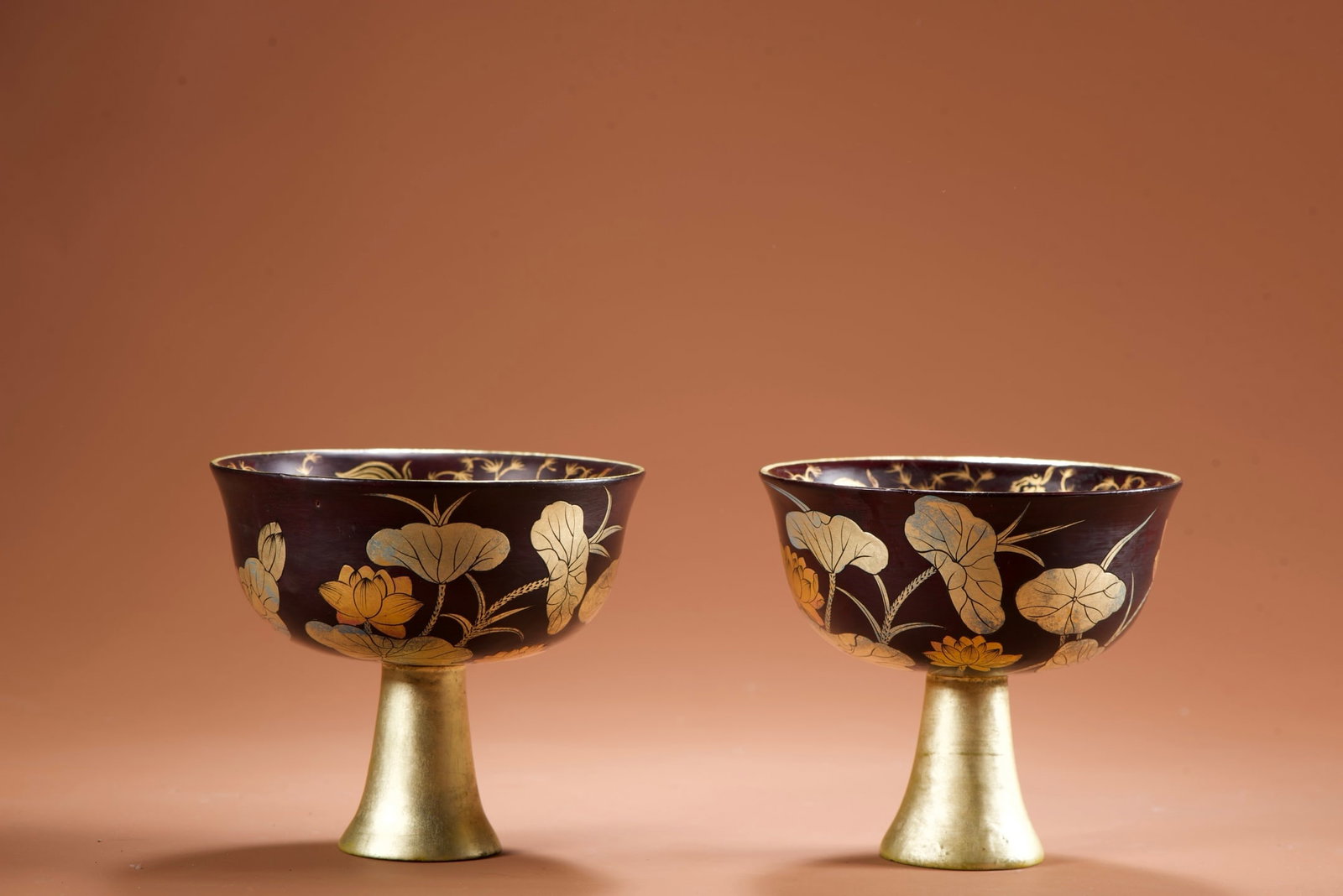 A Pair of Exquisite Wooden Painted Gold Lotus Pattern Goldfish Pattern Cups: A Pair of Exquisite Wooden Painted Gold Lotus Pattern Goldfish Pattern Cups,Qing Dynasty,China,with Qianlong Four-character