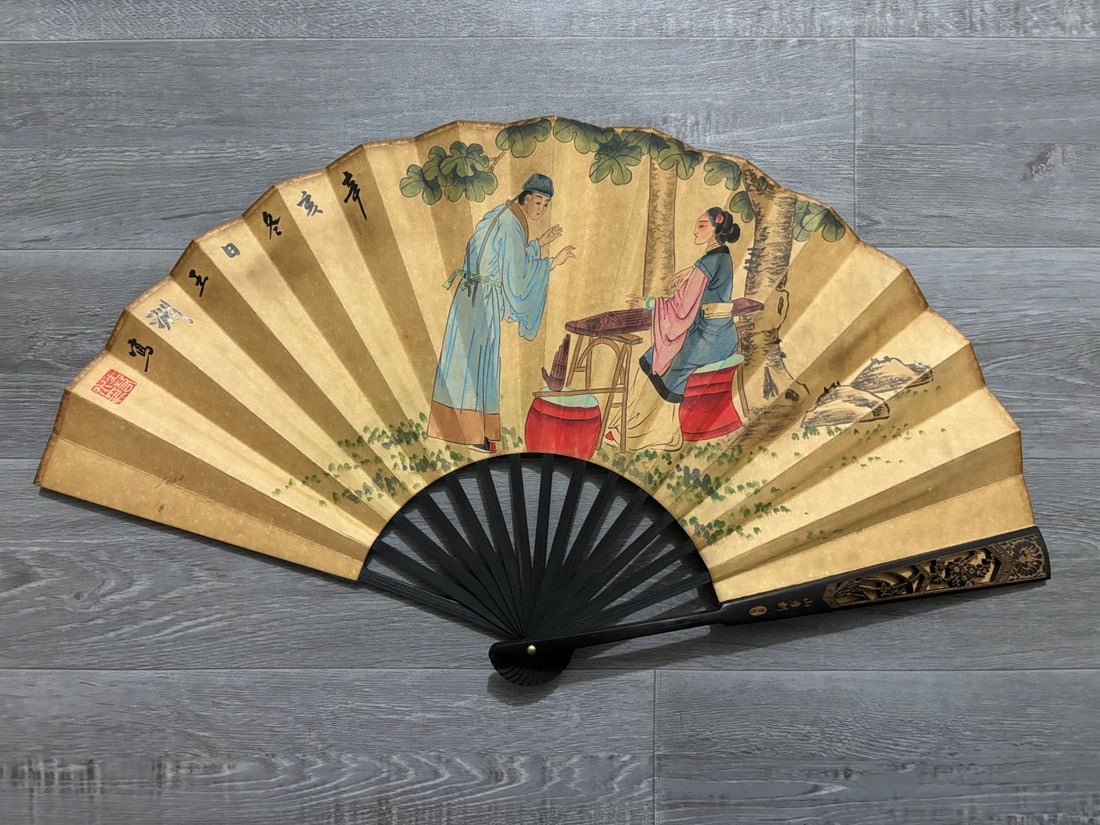 A Chinese Ink Painting Fan with Character and Story Motif: A Chinese Ink Painting Fan with Character and Story Motif,Wang yuan,Size:23.6inx13in,一把中国水墨人物故事画扇子,王&#