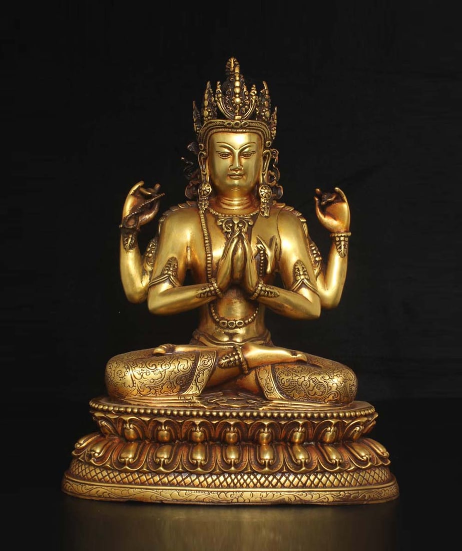 An Exquisite Gilt Bronze Four-arms Statue of Avalokitesvara: An Exquisite Gilt Bronze Four-arms Statue of Avalokitesvara,Ming Dynasty,China,with Yongle Six-character
