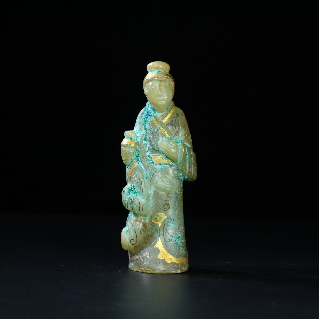 An Exquisite White Jade Gold and Slver Inlay Figure Ornament: An Exquisite White Jade Gold and Slver Inlay Figure Ornament,Han Dynasty,China,Size:4.5inx1.4inx1in,Weight:175g,白玉错金银人物摆件,中国