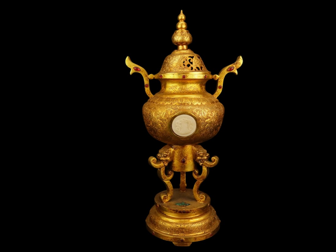 An Exquisite Gilt Bronze Inlaid White Jade Flower Pattern Double-Ears Tripod Censer,Inlaid Gems,with: An Exquisite Gilt Bronze Inlaid White Jade Flower Pattern Double-Ears Tripod Censer,Inlaid Gems,with Base,Qing Dynasty,China,with Qianlong Four-character Mark,Size:8.5inx6.3inx16.1in,Weight:3462g,&