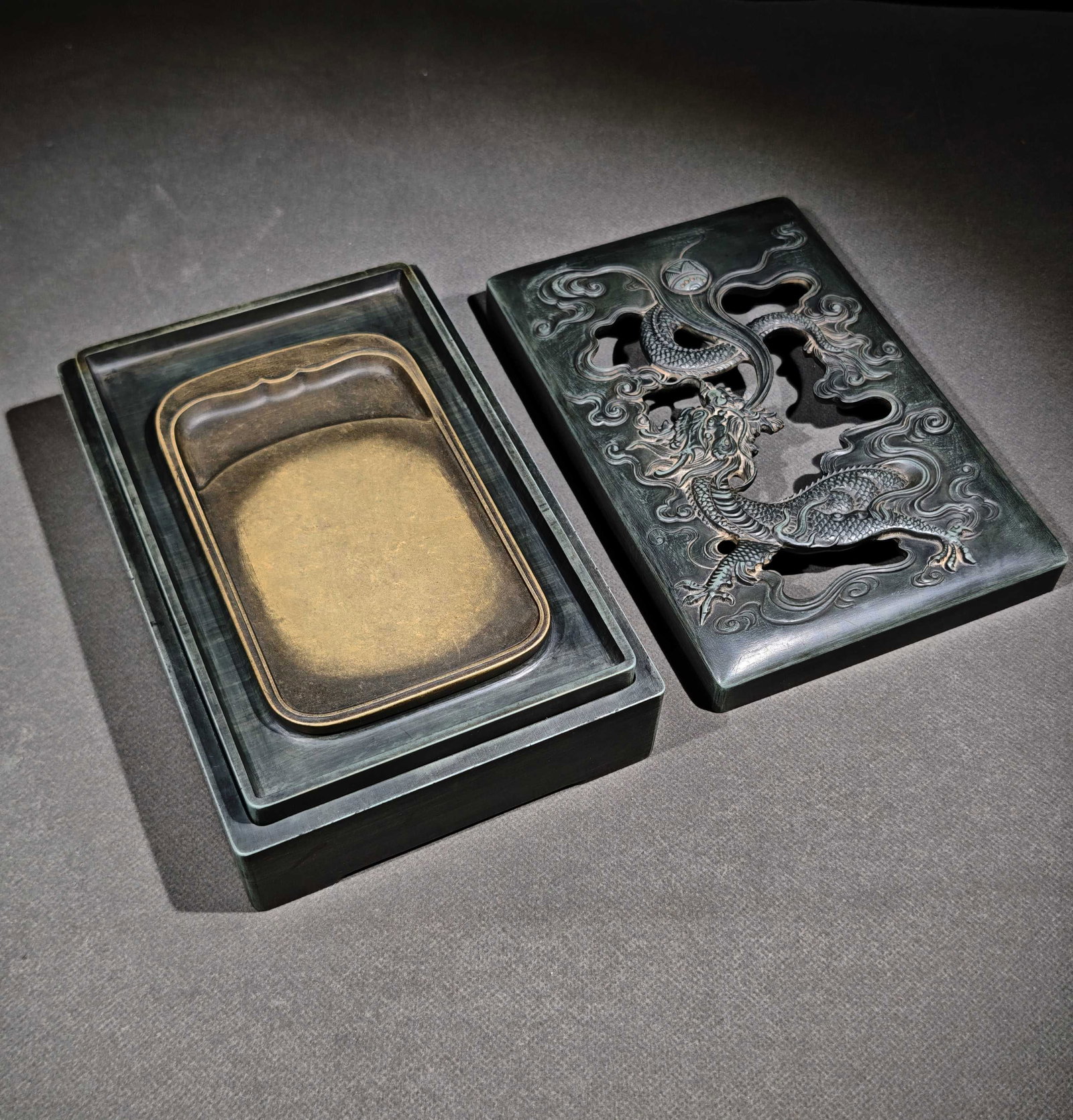An Exquisite Dragon Pattern Inkstone,with poem: An Exquisite Dragon Pattern Inkstone,with poem,Qing Dynasty,China,With