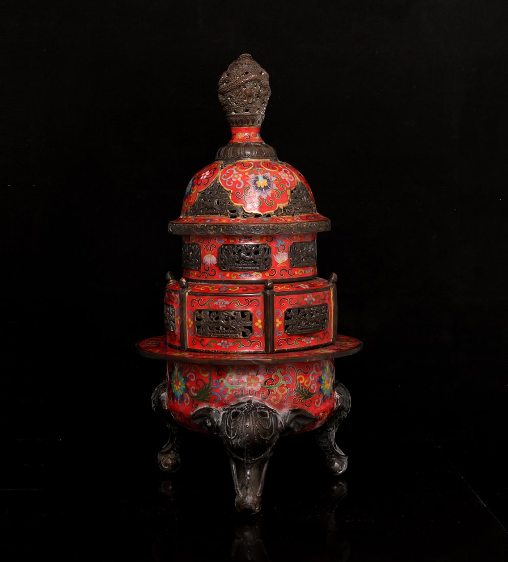 An Exquisite Cloisonne Lotus Pattern Tripod Censer: An Exquisite Cloisonne Lotus Pattern Tripod Censer,Qing Dynasty,China,with Qianlong Four-character