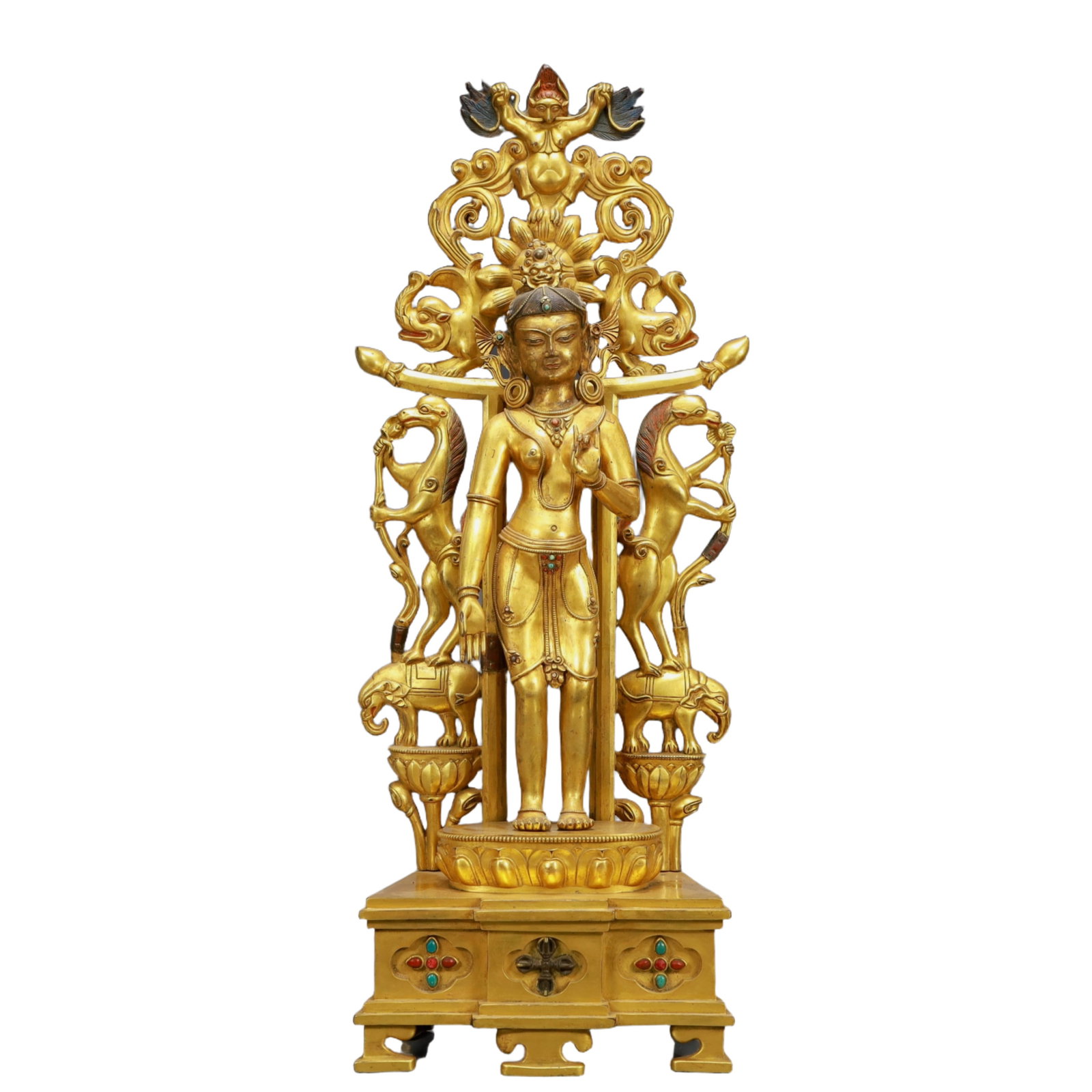 A Solemn Gilt Bronze Statue of Avalokitesvara,Inlaid Turquoise: A Solemn Gilt Bronze Statue of Avalokitesvara,Inlaid Turquoise,Ming Dynasty,