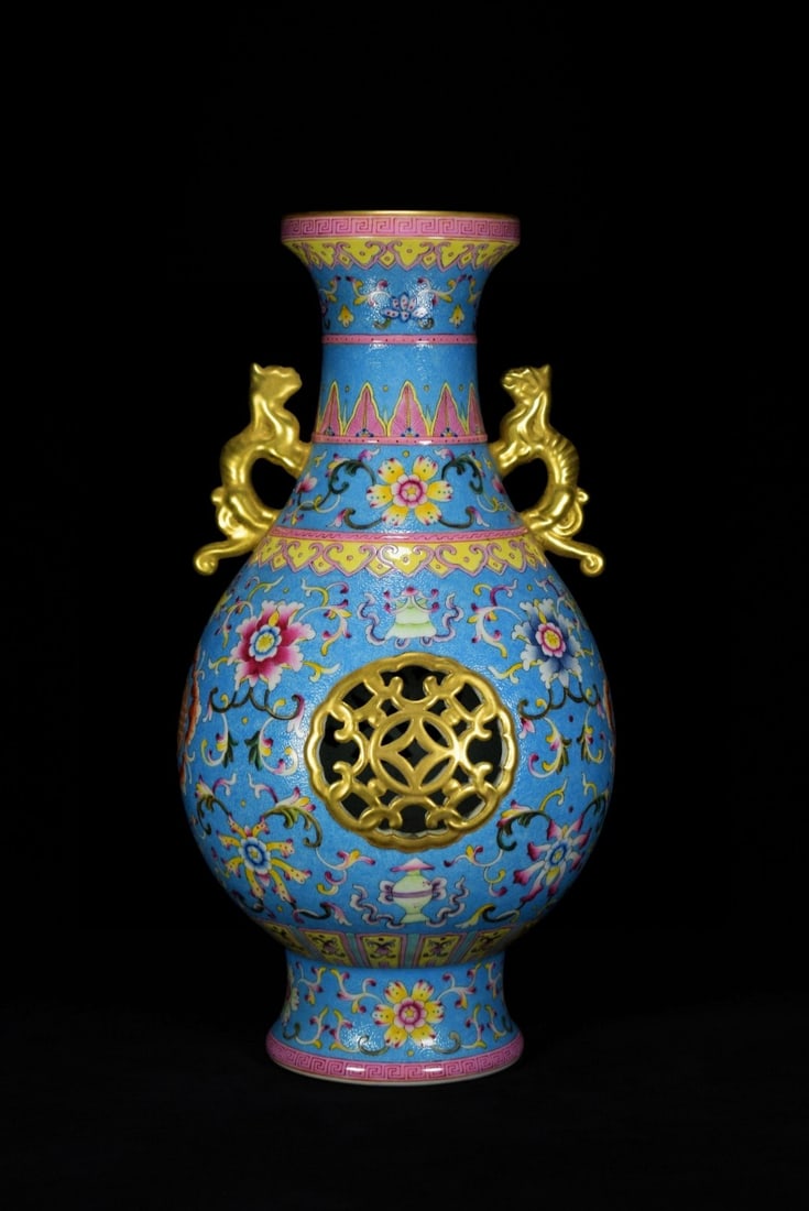 An Exquisite Enamel Gilded Lotus Pattern Dragon-Ears Vase: An Exquisite Enamel Gilded Lotus Pattern Dragon-Ears Vase,Qing Dynasty,China,with Qianlong Four-character