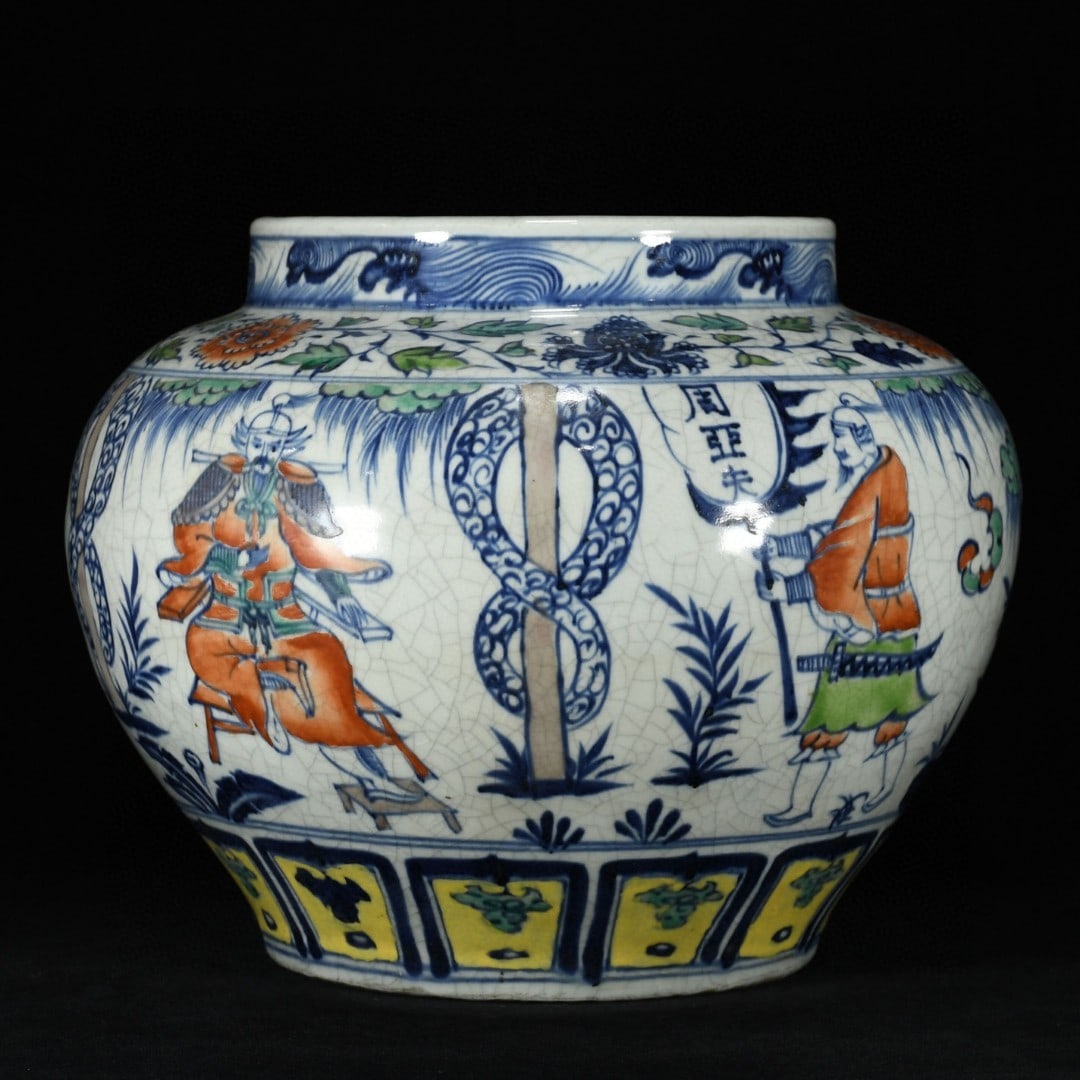 An Exquisite Blue and White Jiacai Character and Story Pattern Jar: An Exquisite Blue and White Jiacai Character and Story Pattern Jar,Yuan Dynasty,China,With Mark,Size:10.6inx13.8in,青花加彩人物故事纹罐,