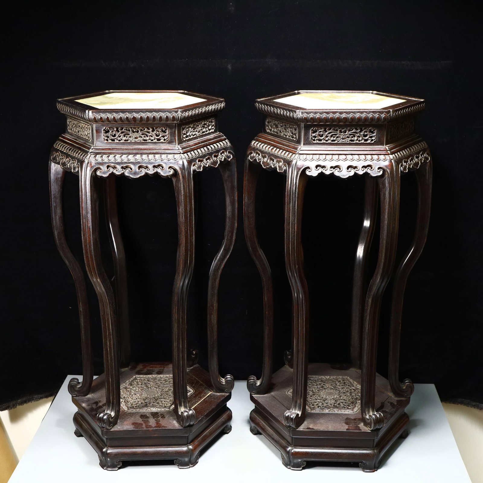 A Pair of Exquisite Zitanwood Inlaid Dolomite Flower Stands (1 of 20)
