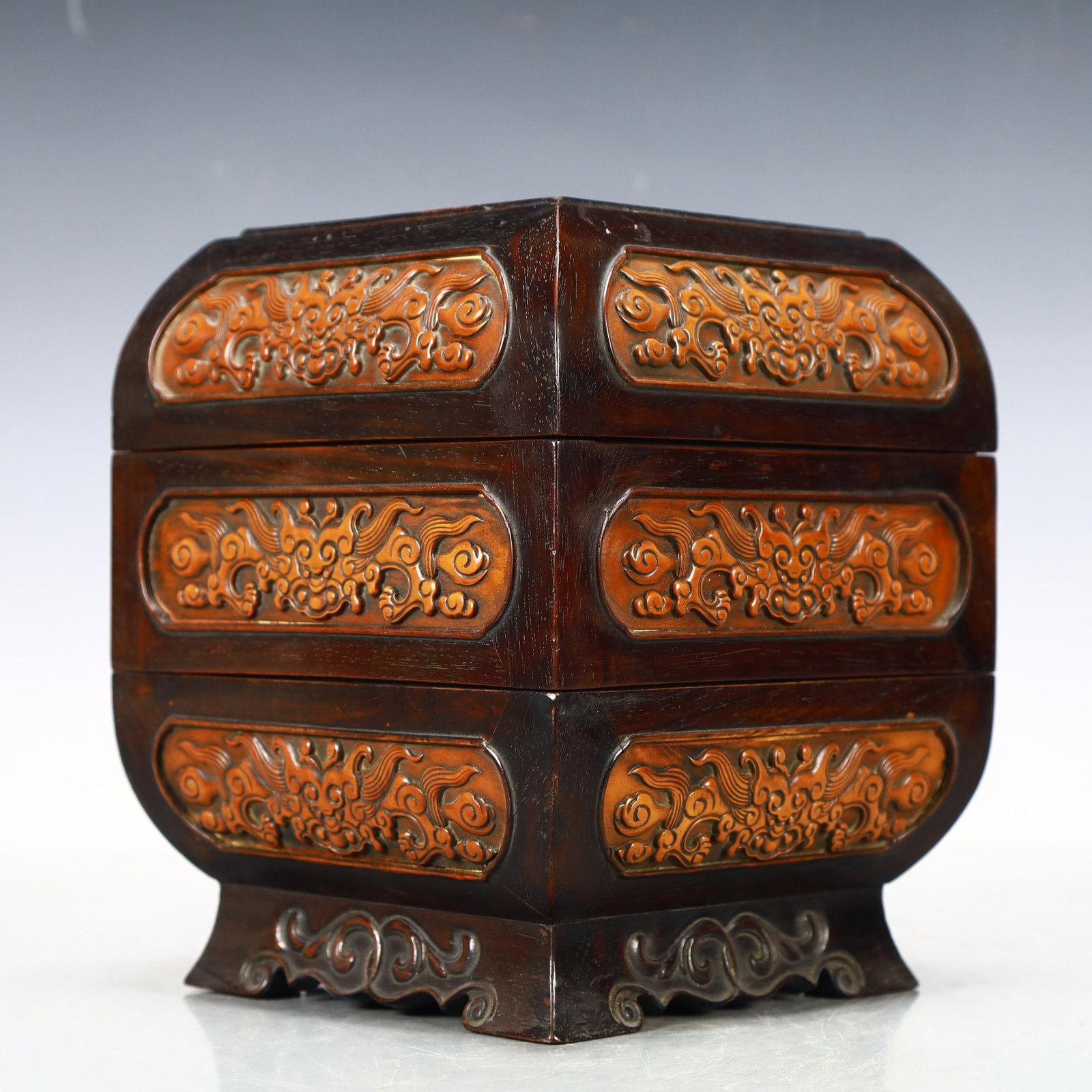 An Exquisite Zitanwood Inlaid Boxwood Dragon Pattern Box: An Exquisite Zitanwood Inlaid Boxwood Dragon Pattern Box,Qing