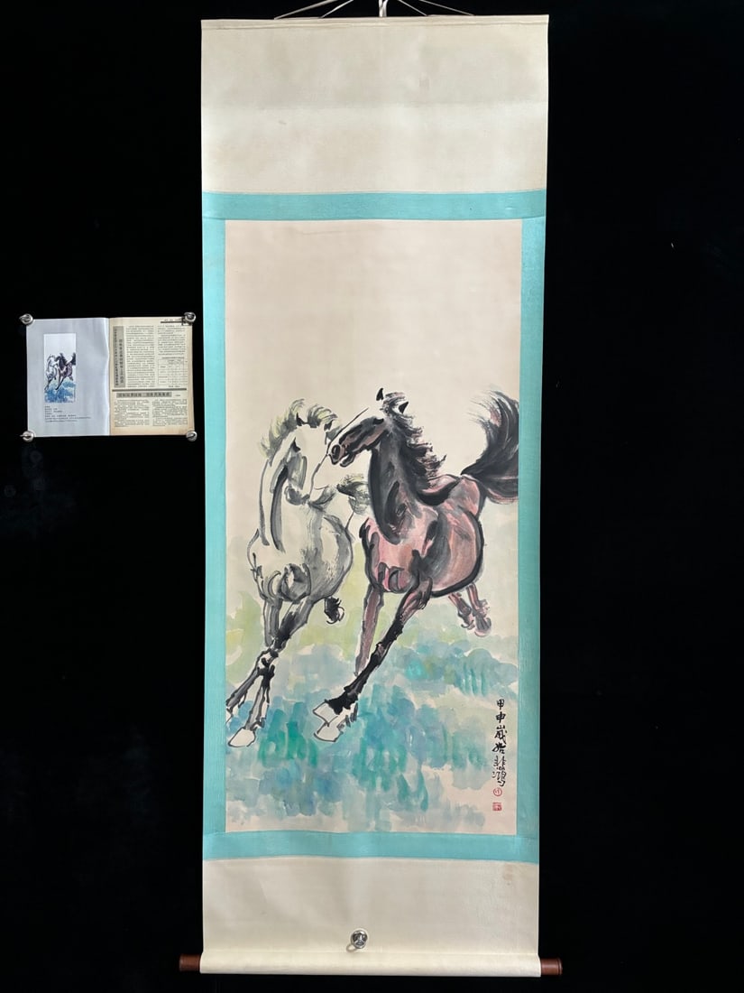A Chinese Vertical Scroll Ink Painting of Horse on Paper: A Chinese Vertical Scroll Ink Painting of Horse on Paper,Xu beihong,Size:(entirety)80.7inx31.5in,(Without