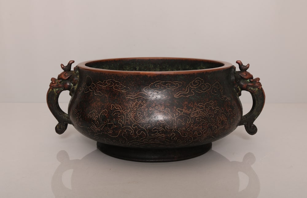 An Exquisite Bronze Inlaid Silver Wire Fish Pattern Dragon-Ears Censer: An Exquisite Bronze Inlaid Silver Wire Fish Pattern Dragon-Ears Censer,Ming Dynasty,China,With