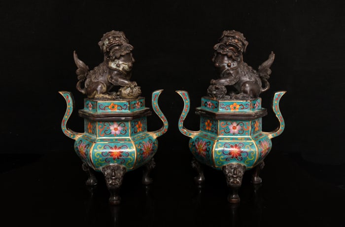 A Pair of Exquisite Cloisonne Lotus Pattern Double-Ears Tripod Censers: A Pair of Exquisite Cloisonne Lotus Pattern Double-Ears Tripod Censers,Qing Dynasty,China,with Qianlong Four-character