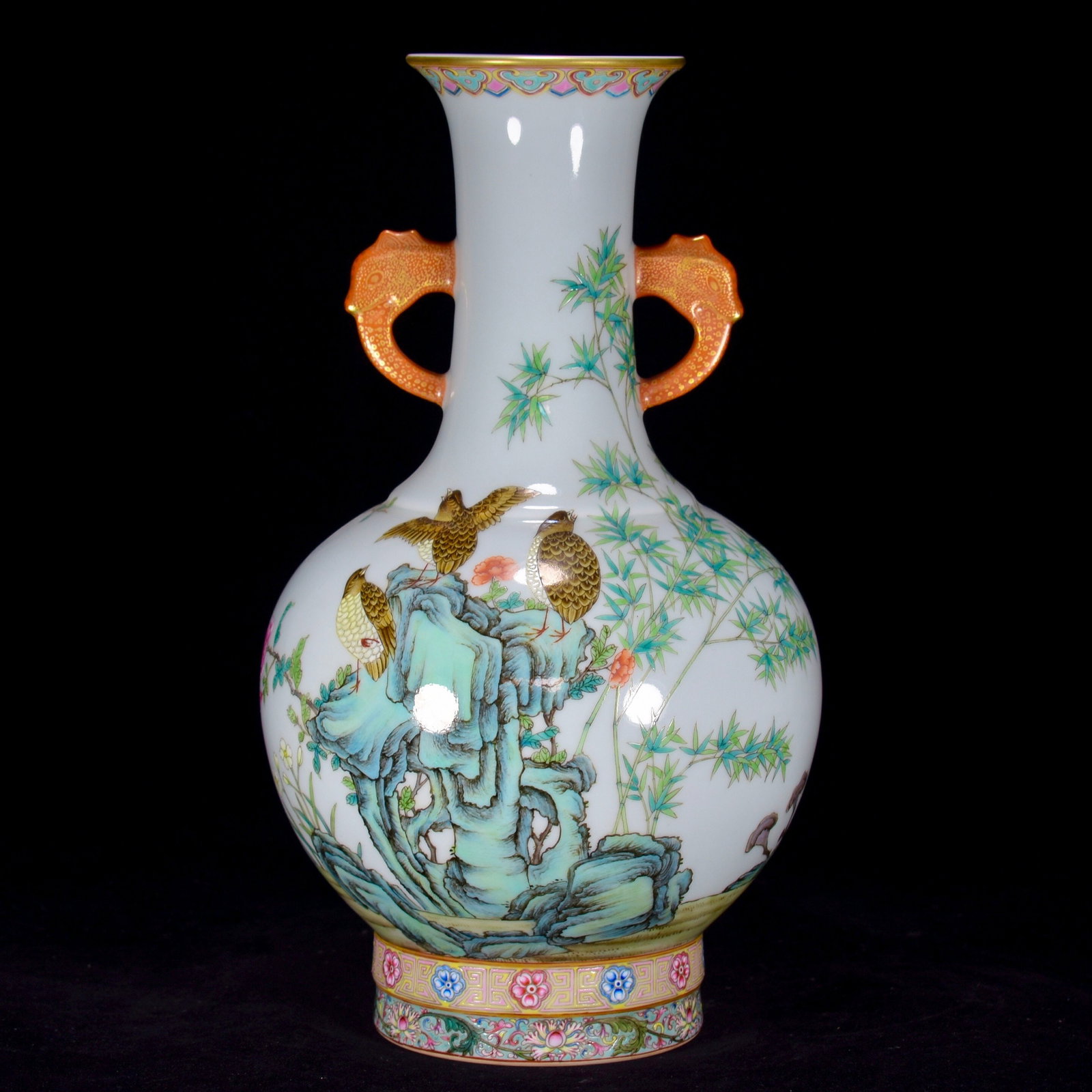An Exquisite Enamel Flower and Bird Pattern Double-Ears Vase: An Exquisite Enamel Flower and Bird Pattern Double-Ears Vase,Qing Dynasty,China,with Qianlong Six-character Mark,Size:13.8inx8.7in,珐琅彩花鸟纹双耳ī