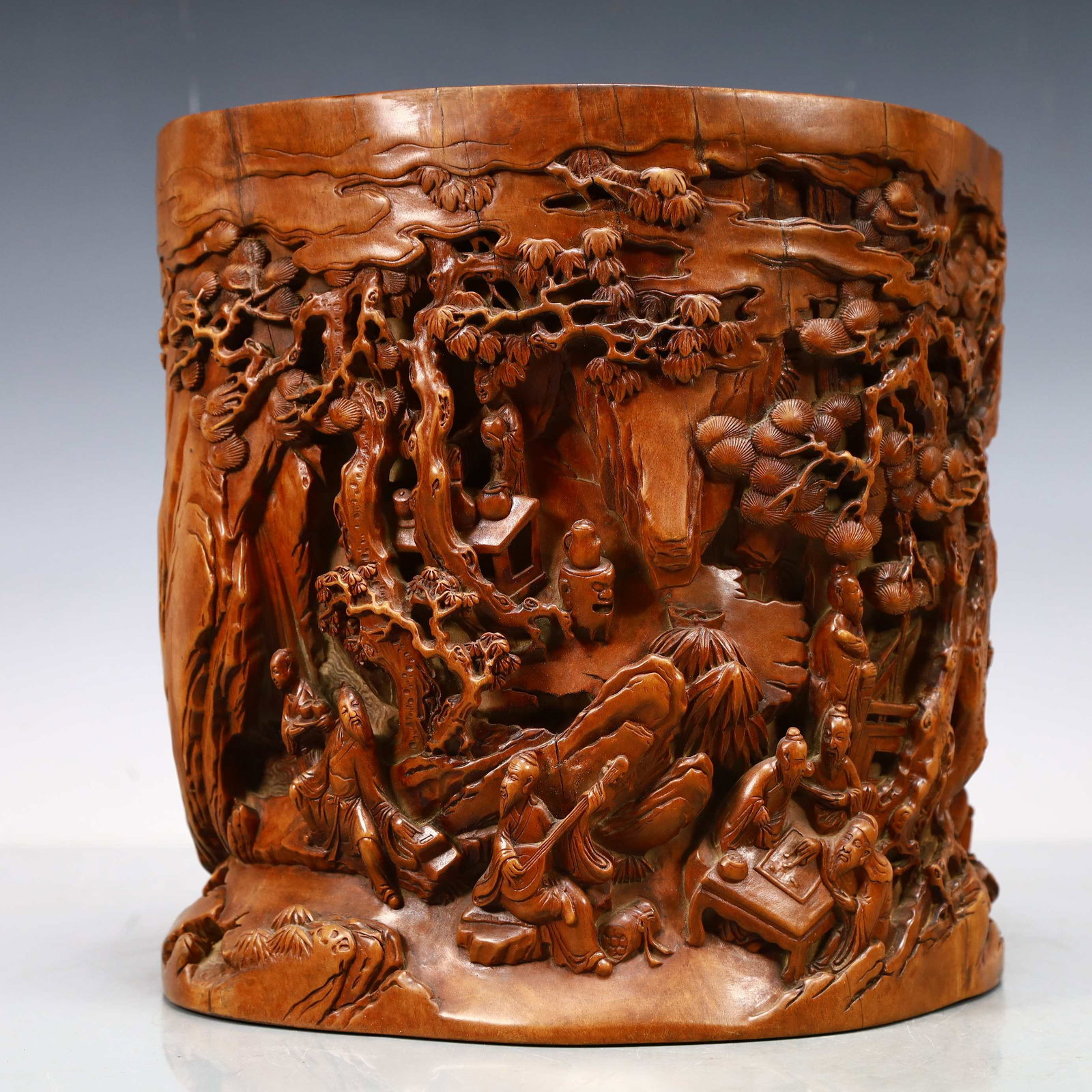 An Exquisite Sandalwood Landscape and Figure Pattern Brush Pot: An Exquisite Sandalwood Landscape and Figure Pattern Brush Pot,Qing Dynasty,China