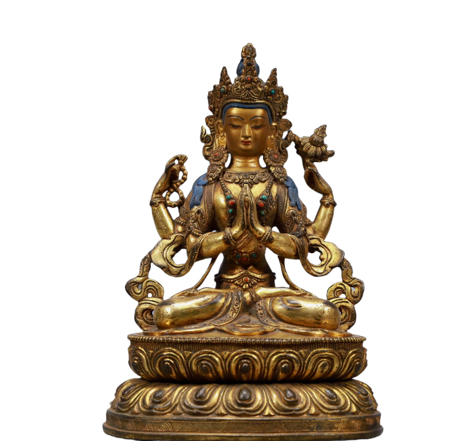 A Solemn Gilt Bronze Inlaid Gems Statue of Tara: A Solemn Gilt Bronze Inlaid Gems Statue of Tara,Ming Dynasty, China,Size:6.7inx4.7inx8.7inWeight:2050g