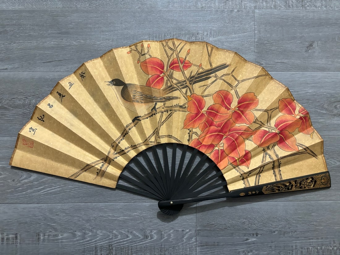 A Chinese Ink Painting Fan with Flower and Bird Motif: A Chinese Ink Painting Fan with Flower and Bird Motif,Lv ji,Size:23.6inx13in,一把中国水墨花鸟画扇子,吕纪