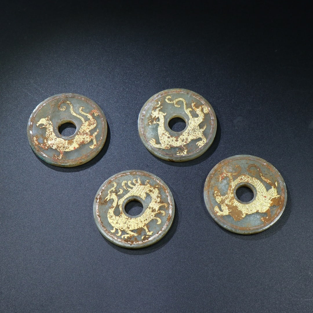 A Set of Fine White Jade Gold and Slver Inlay Auspicious Animal Pattern Pendants: A Set of Fine White Jade Gold and Slver Inlay Auspicious Animal Pattern Pendants,Han Dynasty,China,Size:2.2inx0.2in*4,Weight:124g,一套白玉错金银瑞ࠦ