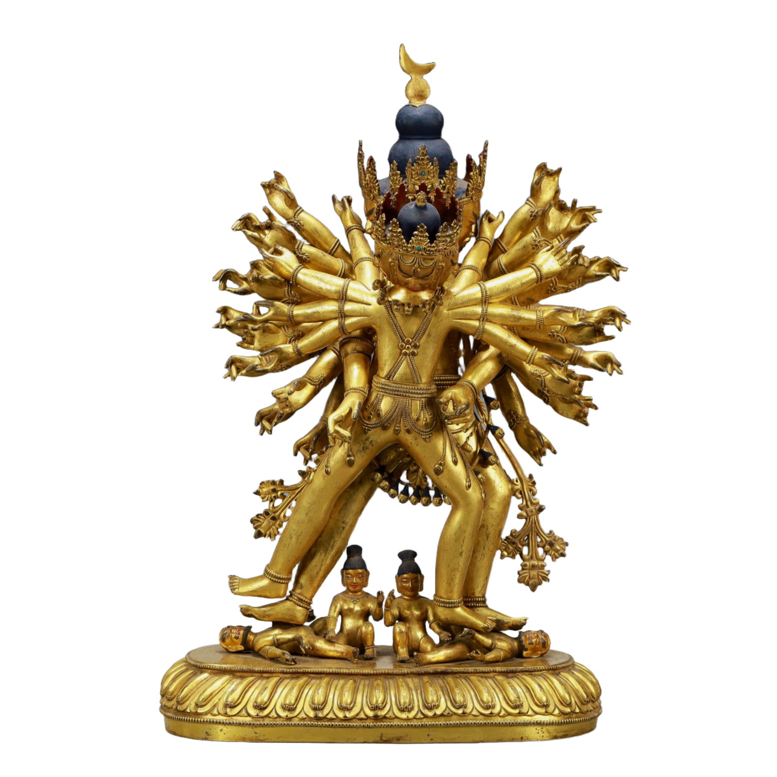 A Solemn Gilt Bronze Statue of Chakrasamvara: A Solemn Gilt Bronze Statue of Chakrasamvara,Ming Dynasty, China,Size:17.3inx7.9inx28in,Weight:38500g,铜鎏金胜乐金刚像,中国明代