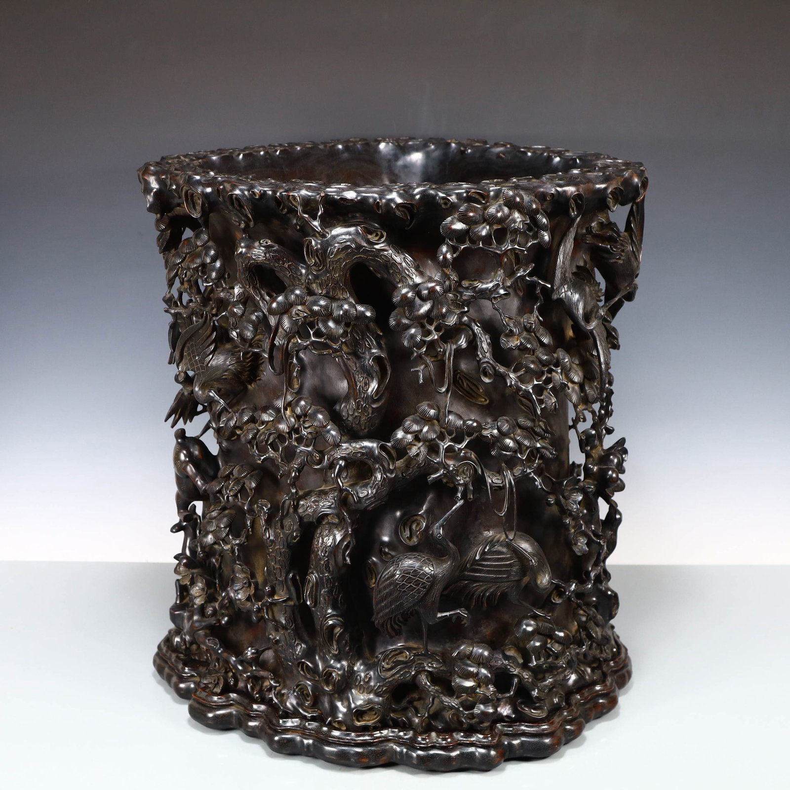 An Exquisite Zitanwood Pine and Crane Pattern Brush Pot: An Exquisite Zitanwood Pine and Crane Pattern Brush Pot,Qing