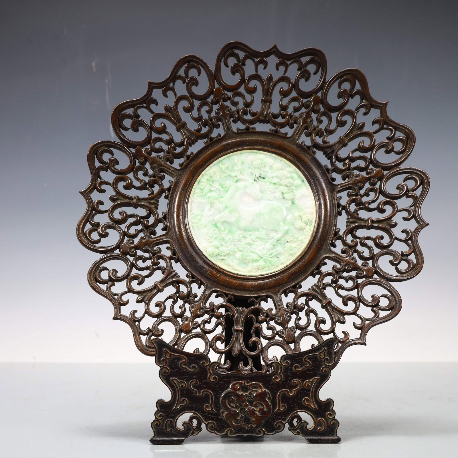 An Exquisite Zitanwood Inlaid Jadeite Pine and Deer Pattern Ornament (1 of 9)