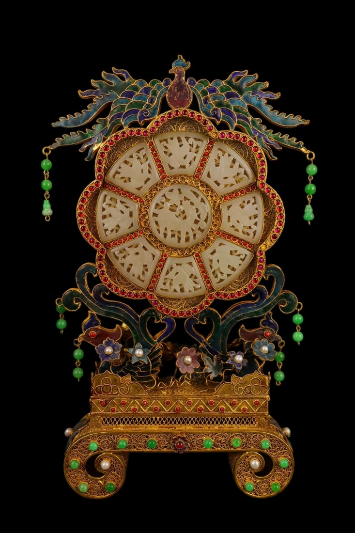 An Exquisite Filigree and Gilding Inlaid White Jade Table Screen,Inlaid Gems (1 of 9)