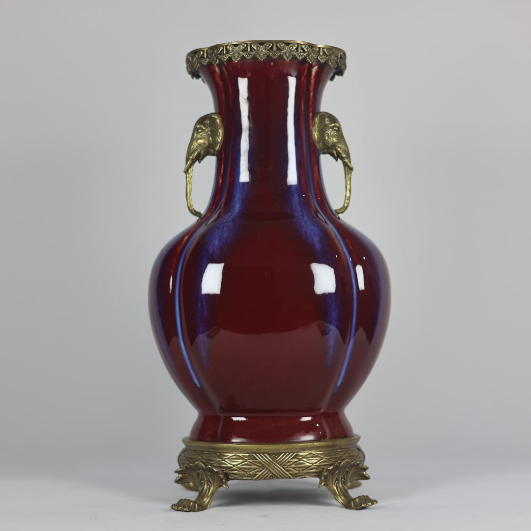 An Exquisite Flambe Glazed Inlaid Bronze Elephant-Ears Vase: An Exquisite Flambe Glazed Inlaid Bronze Elephant-Ears VaseQing Dynasty,China,Yongzheng Six-character
