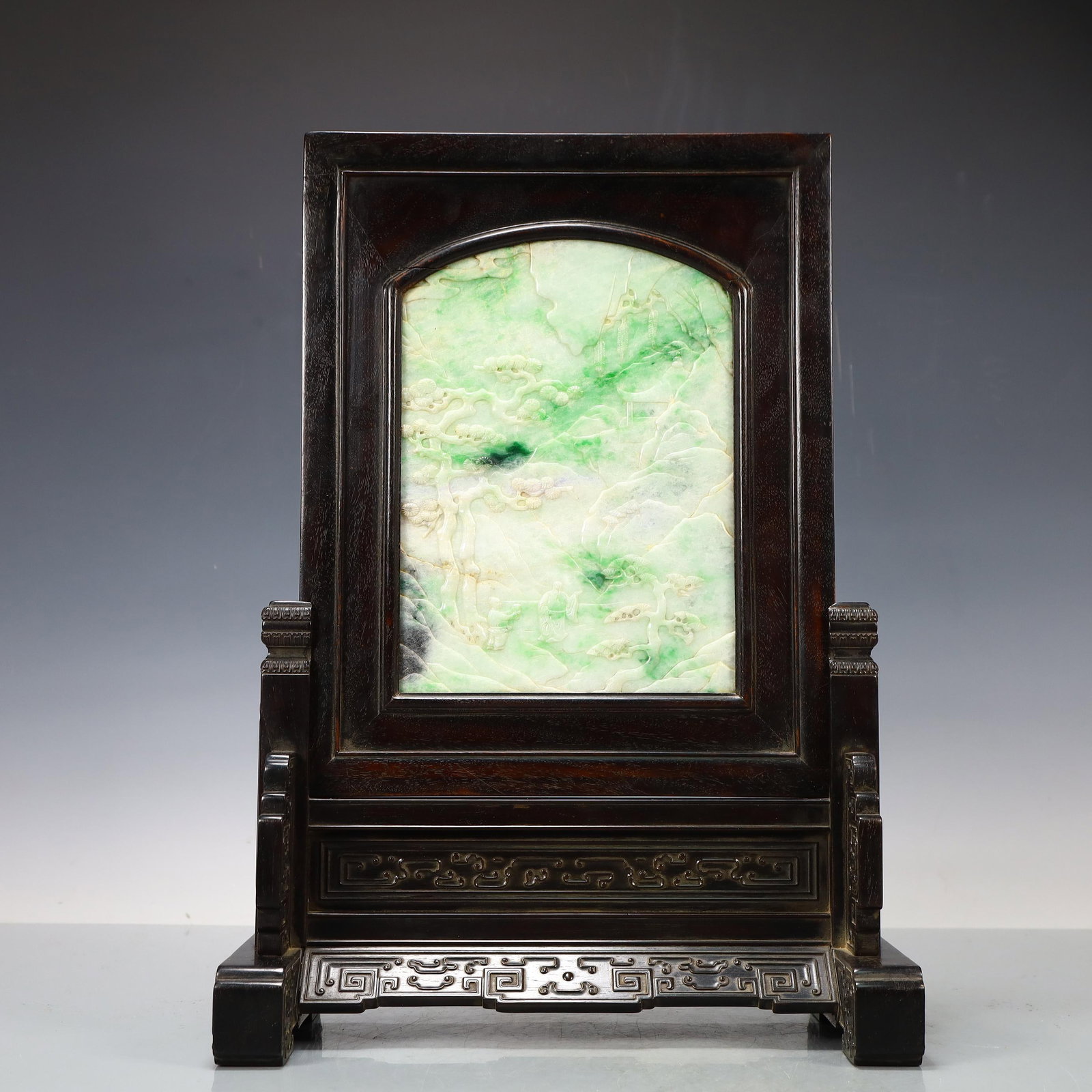 An Exquisite Zitanwood Inlaid Jadeite Landscape and Figure Pattern Table Screen: An Exquisite Zitanwood Inlaid Jadeite Landscape and Figure Pattern Table Screen,Qing Dynasty,China,With